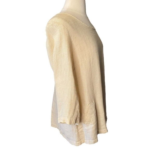 FLAX 100% Linen Round Neck 3/4 Sleeve Textured Beige Tunic Size Small Coastal - Picture 3 of 8